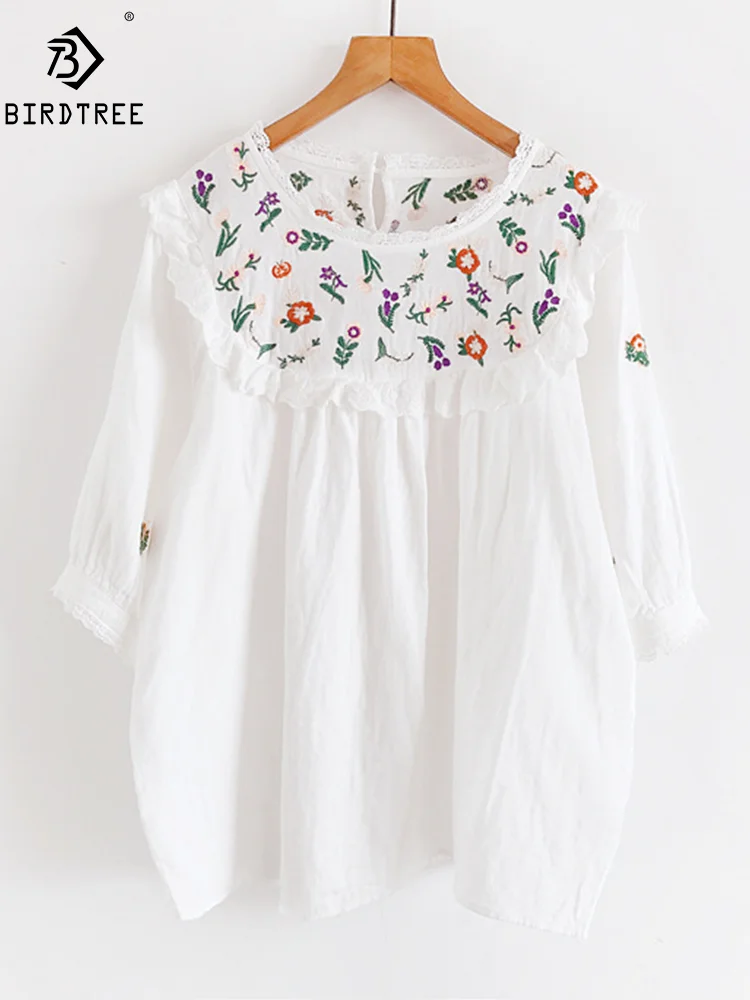 

New Summer Cotton Yarn Short Sleeve Shirt Women Floral Embroidery Top Mori Girl Casual White Loose Blouse 2024 Autumn T450162QM