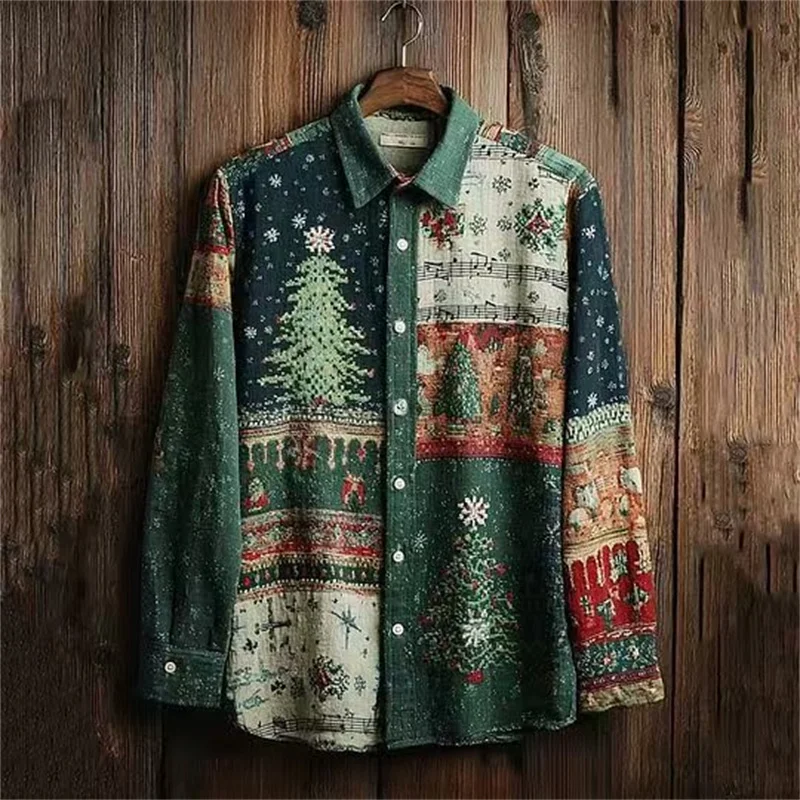 Nieuw herenoverhemd met kerstboomprint, casual en stijlvolle button-down kraag, lange mouwen, 3D-print, comfortabele top.