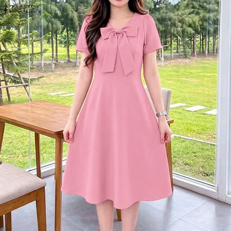 ZANZEA Elegant Minimalist Bow Detail Midi Dress Women V-Neck Short Sleeve A-Line Dresses Summer Causal Tea Break Vestidos S-3XL