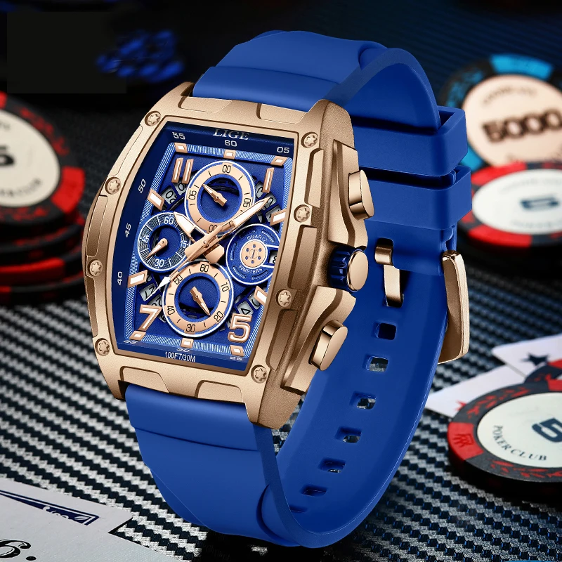 LIGE デザイントップブランドの高級クォーツマンウォッチファッション防水スクエアメンズ腕時計シリコーンカジュアルスポーツミリタリー腕時計