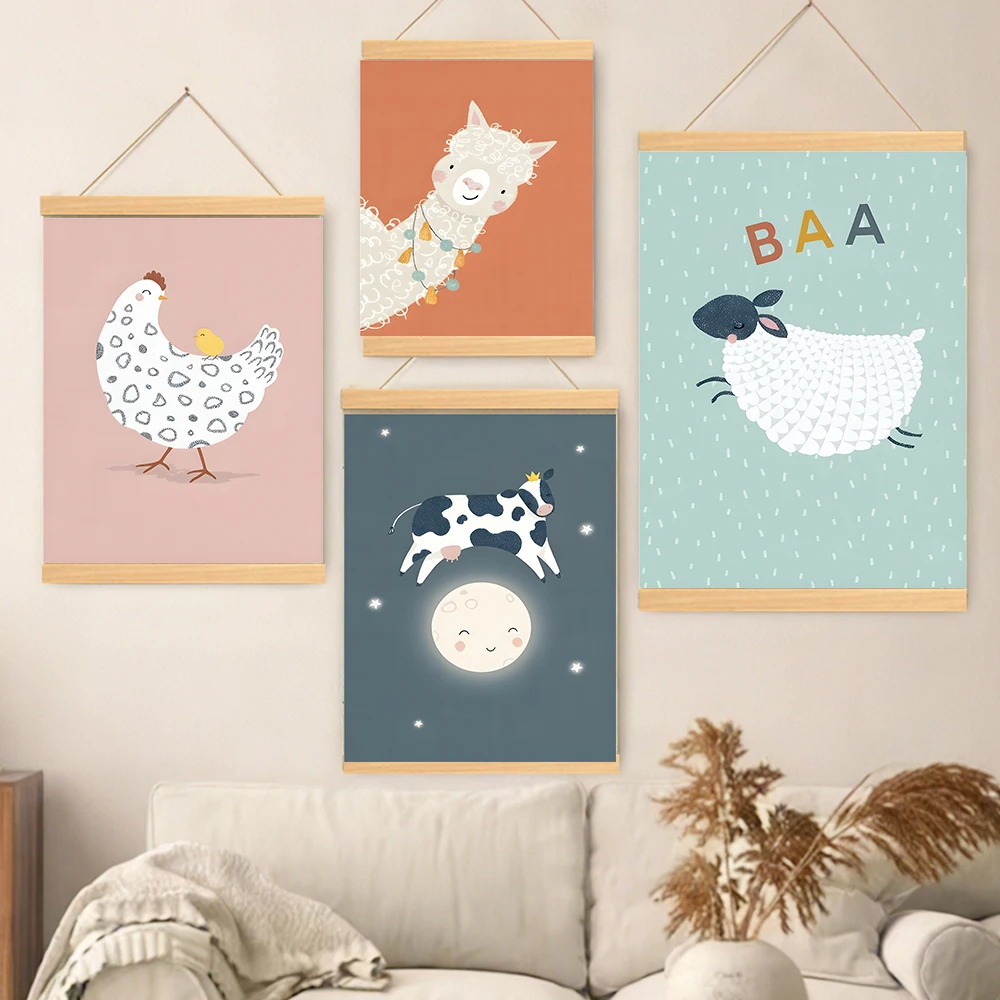 Cute Alpaca Cow Chicken Pig Sheep Nordic Wood Scrolls Painting Wall Art Canvas Painting Animals Pictures For Kids Room Decor
