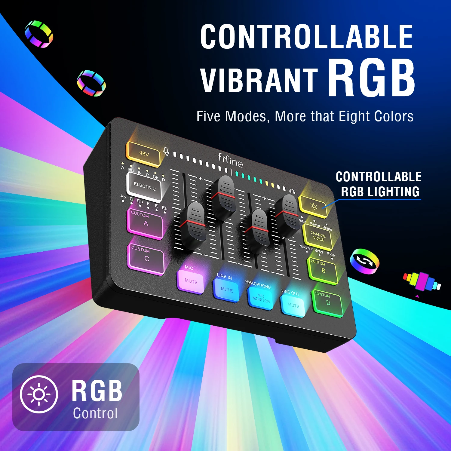 FIFINE Gaming Sound Card with 4-Channel RGB Mute/Voice Change Buttom,Streaming Audio Mixer for XLR Mic Podcast AmpliGame-SC3