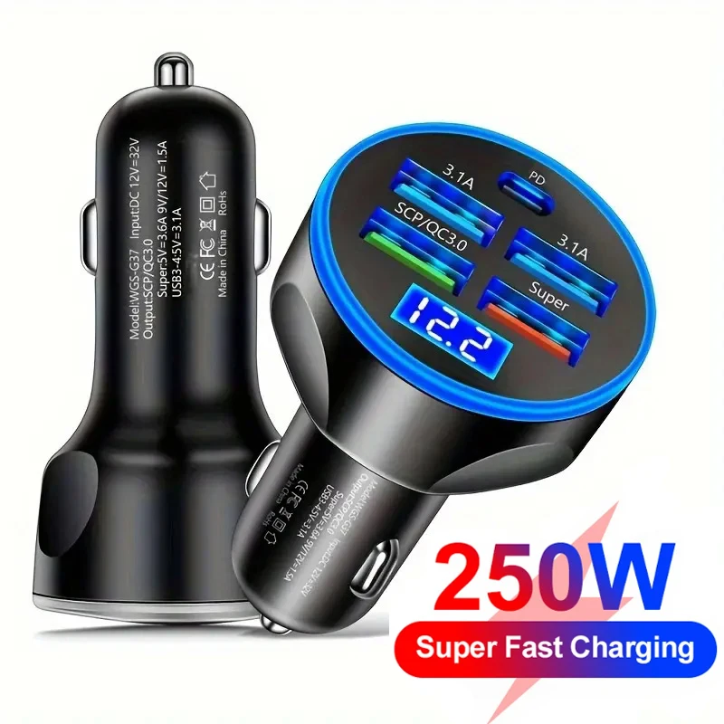 5 Port 250W USB Fast Car Charger PD+QC 3.0 Type C Fast Charging Car Charger Adapter Cigarette Lighter Charger for iPhone Android