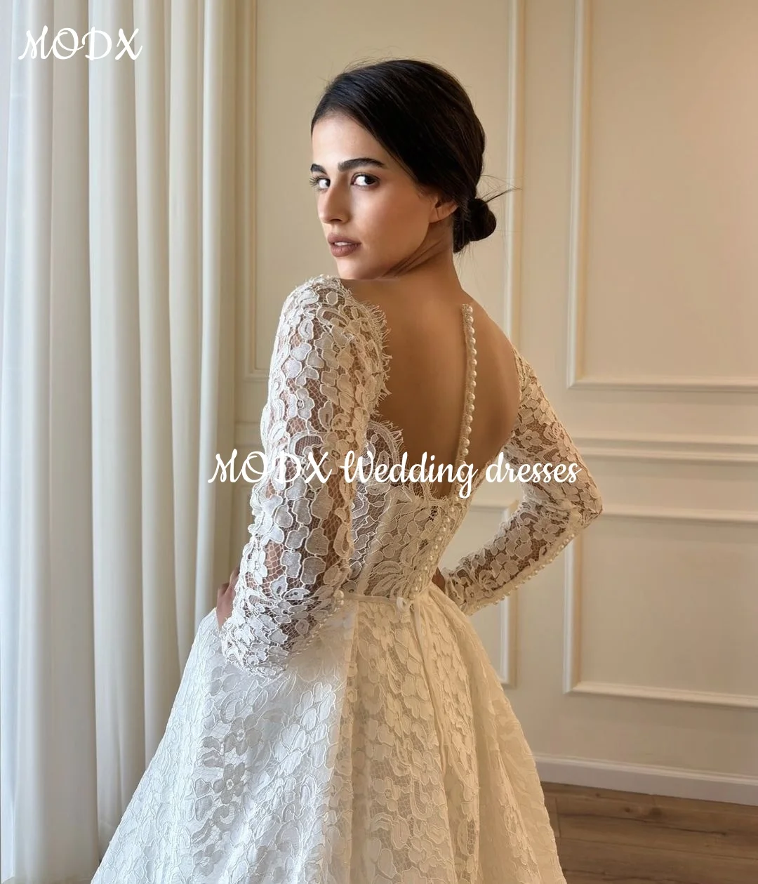 MODX فستان زفاف رائع من الدانتيل الأبيض كلمة على شكل قلب ثلاثية الأبعاد زهرة كم طويل فستان زفاف رسمي vestidos de novia مخصص
