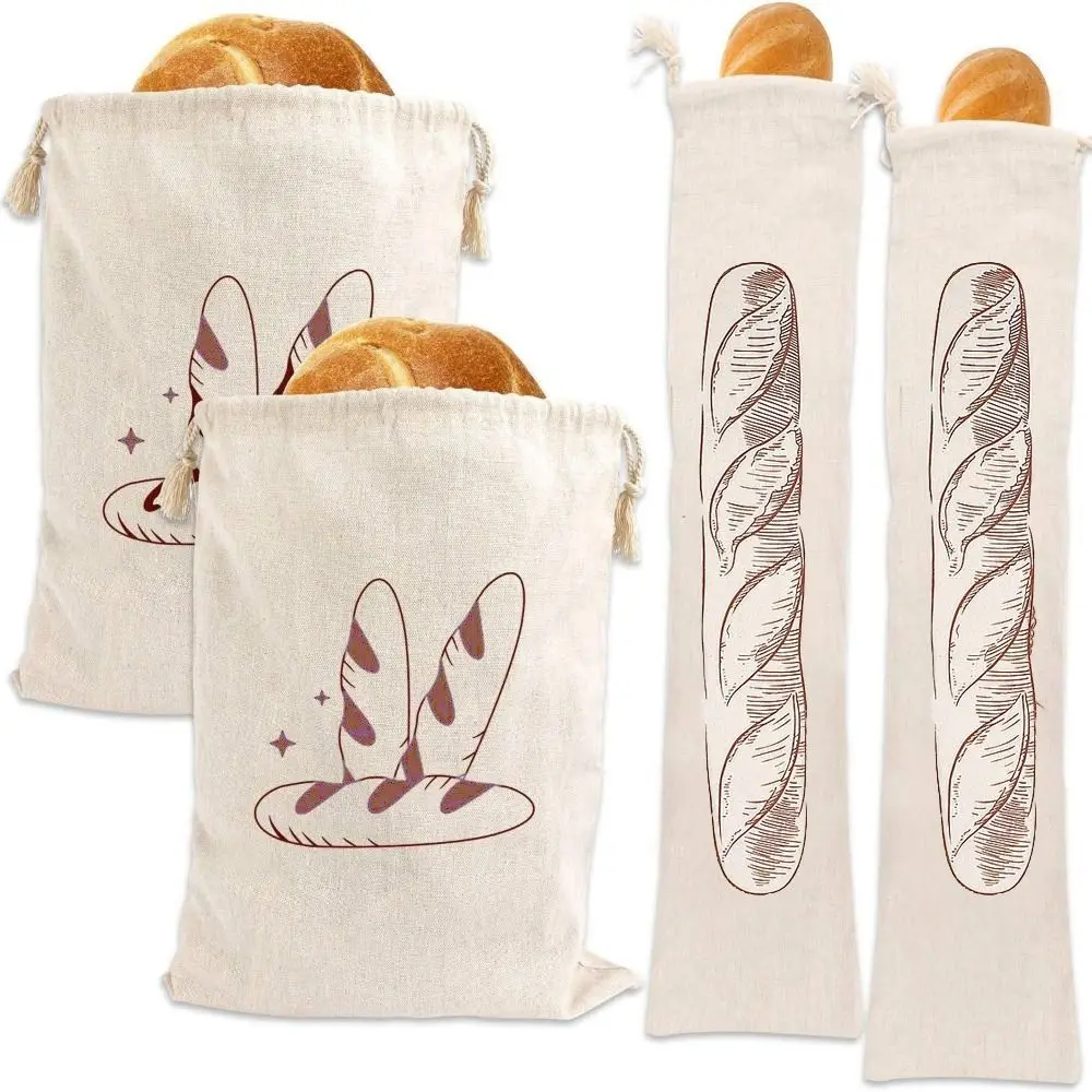 2 Bolsas Grandes de Lino para Pan, Ecológicas, Reutilizables, con Cordón, para Mantener el Pan Fresco, Lavables, para Guardar Baguettes