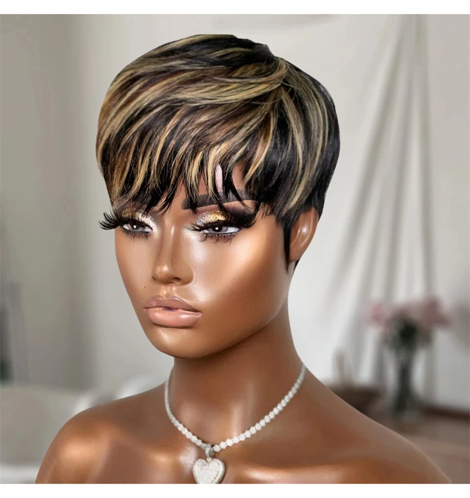 

Highlight Wig Human Hair P1b/30# Color Short Pixie Cut Wigs with Bangs Layered Cut Annime Cosplay Costume Wigs Machine Made