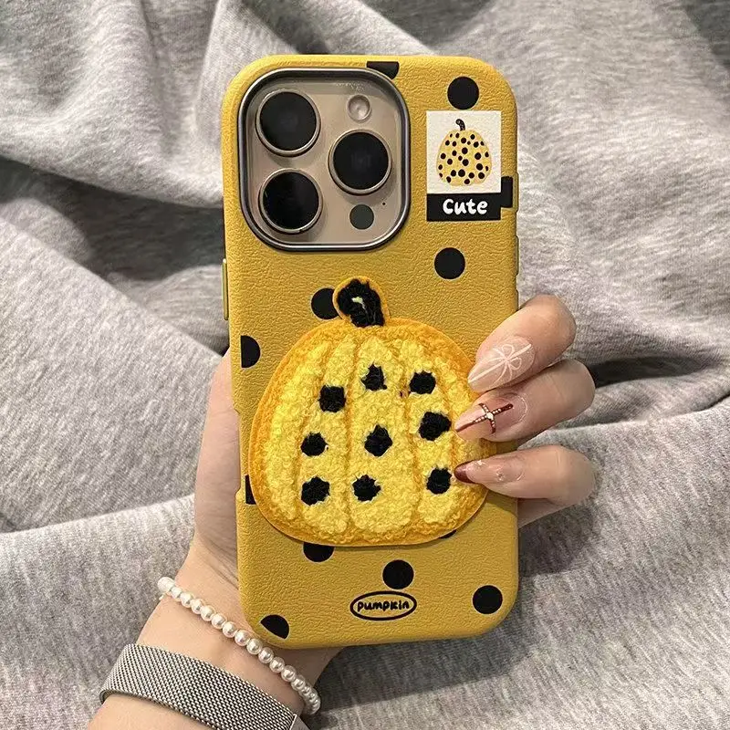 Creative Embroidered Pumpkin Phone Case For iPhone 16 15 14 13 12 11 Pro Max XR XS MAX Y2K Anti Fall leather Back Cover