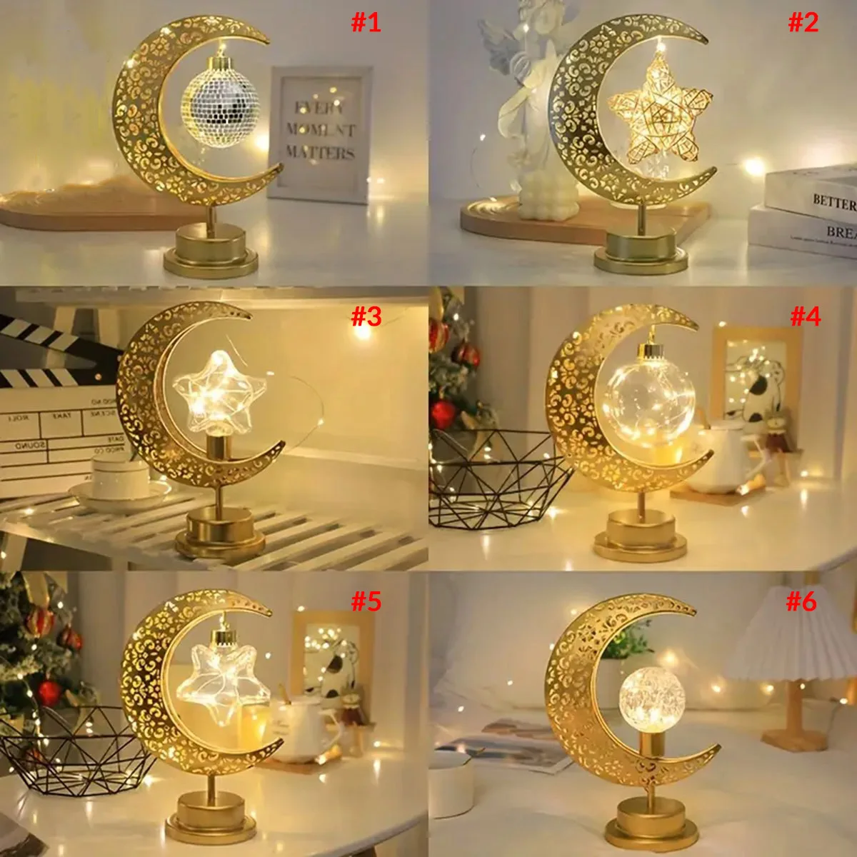 1pc Golden LED Iron Table Lamp Star Moon/Round Ball Ramadan Night Light For Bedroom Festival Eid Home Decoration