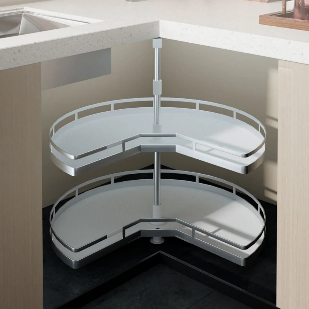 

-oo 360° Rotating 2-Tier Corner Cabinet Pull-Out Basket Stainless Steel Little Monster Swivel Storage for Kitchen Blind Corner
