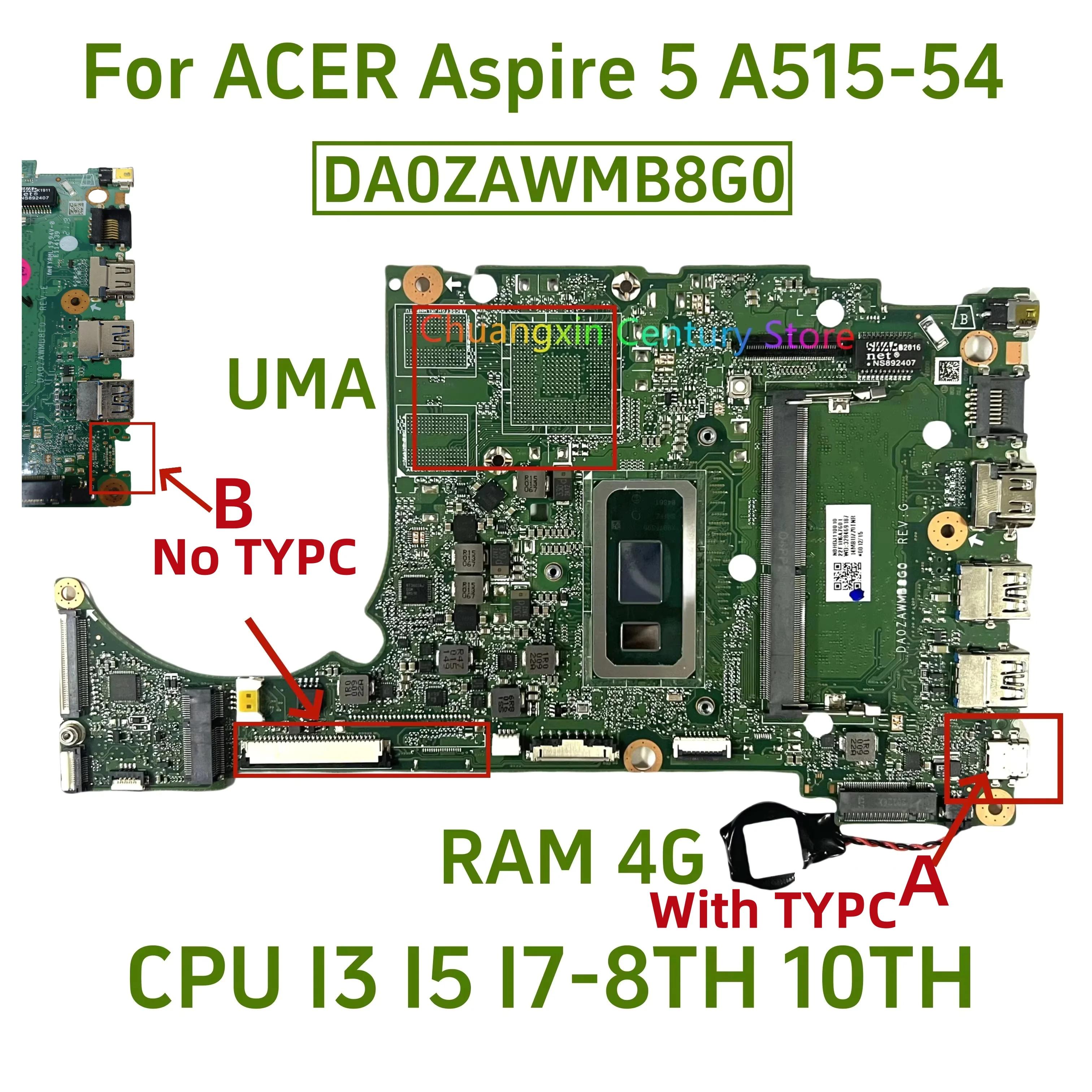 DA0ZAWMB8G0/DA0ZAWMB8E0 For Acer Aspire A515-54 Laptop Motherboard With i3 i5 i7-8TH/10TH CPU 4GB-RAM  UMA 100% Tested Passed