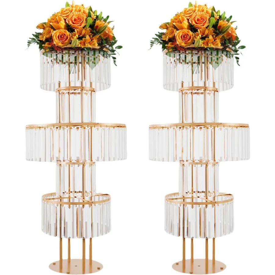 قطعتان من قاعدة الزهور الكريستالية الفضية شديدة التحمل من الأكريليك المعدني مع كريستالات معلقة لتزيين الطاولة الأنيقة باللون الذهبي