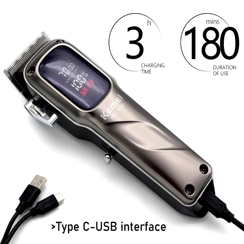 Kemei المهنية مقص الشعر للرجال KM-1550 شاشة الكريستال السائل منخفضة الضوضاء اللاسلكي واجهة USB آلة قطع الشعر المتقلب