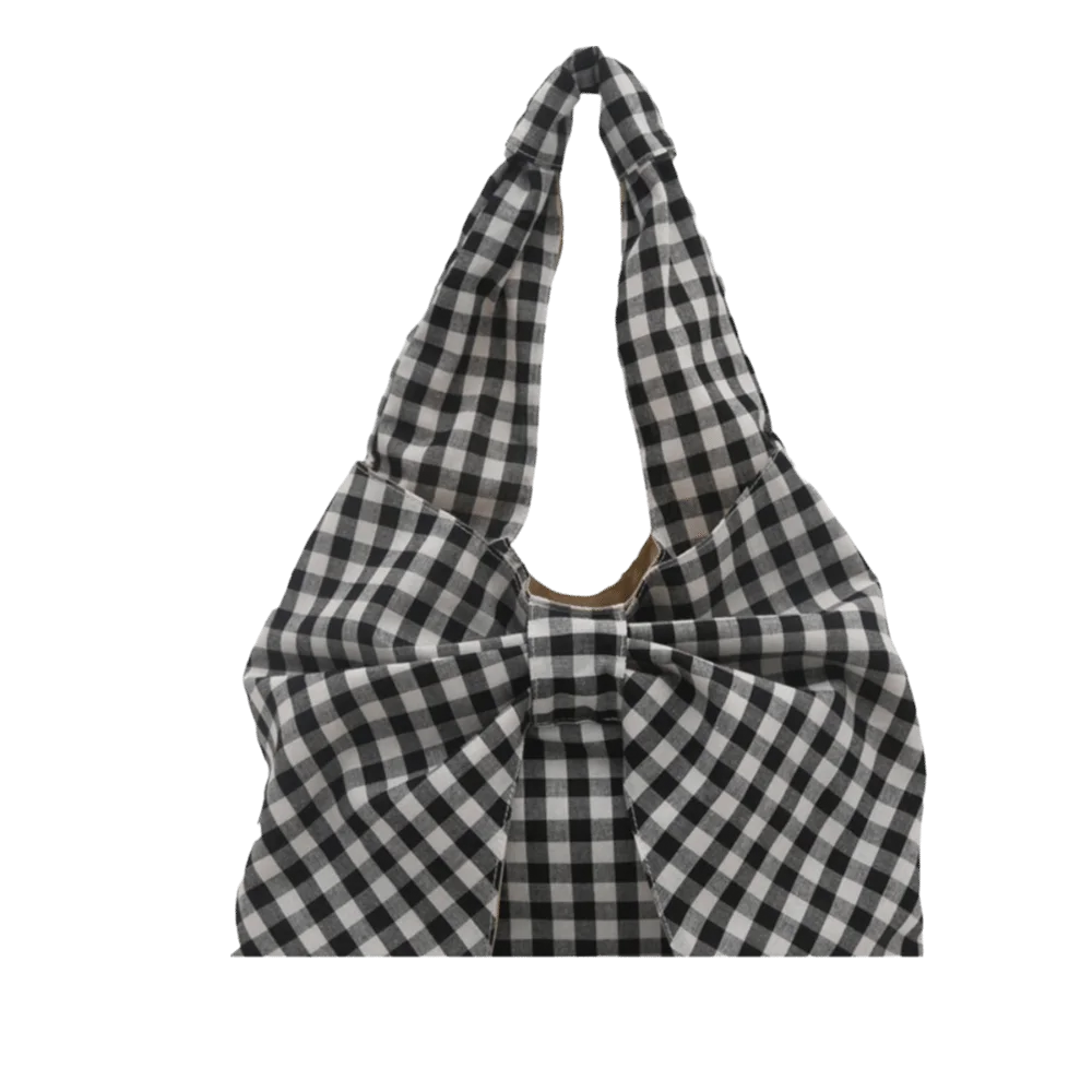 

Vintage Korean Style Bow Shoulder Bag Bowknot Large Capacity Canvas Vest Bag Printing Cloth Plaid Tote Bag Storage Bag