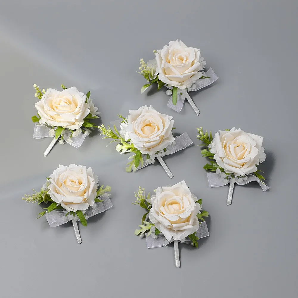

Rose Wrist Corsage Bracelet Wristlet Band and Men Boutonniere Set for White Wedding Flower Accessories Prom Suits Marriage