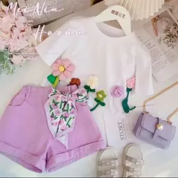 Children's Spring Summer 2024 New Girls Fashionable Sweet 3D Flower Short Sleeve Girls Ribbon Violet Shorts Two Piece Set Kids