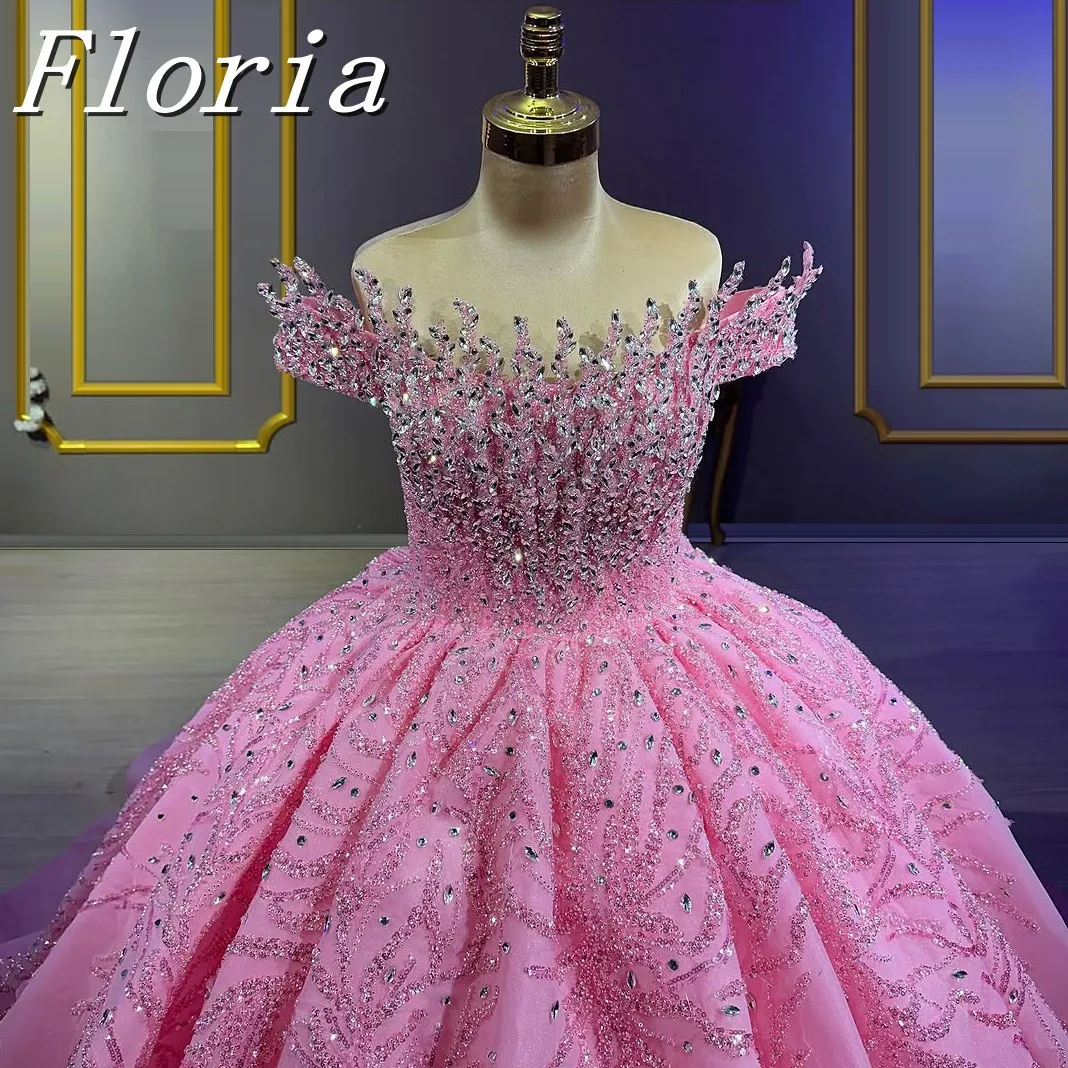 

Gorgeous Arabic Pink Crystal Beaded Prom Dress Haute Couture Off Shoulder Princess A-line Evening Dresses For Wedding Customized
