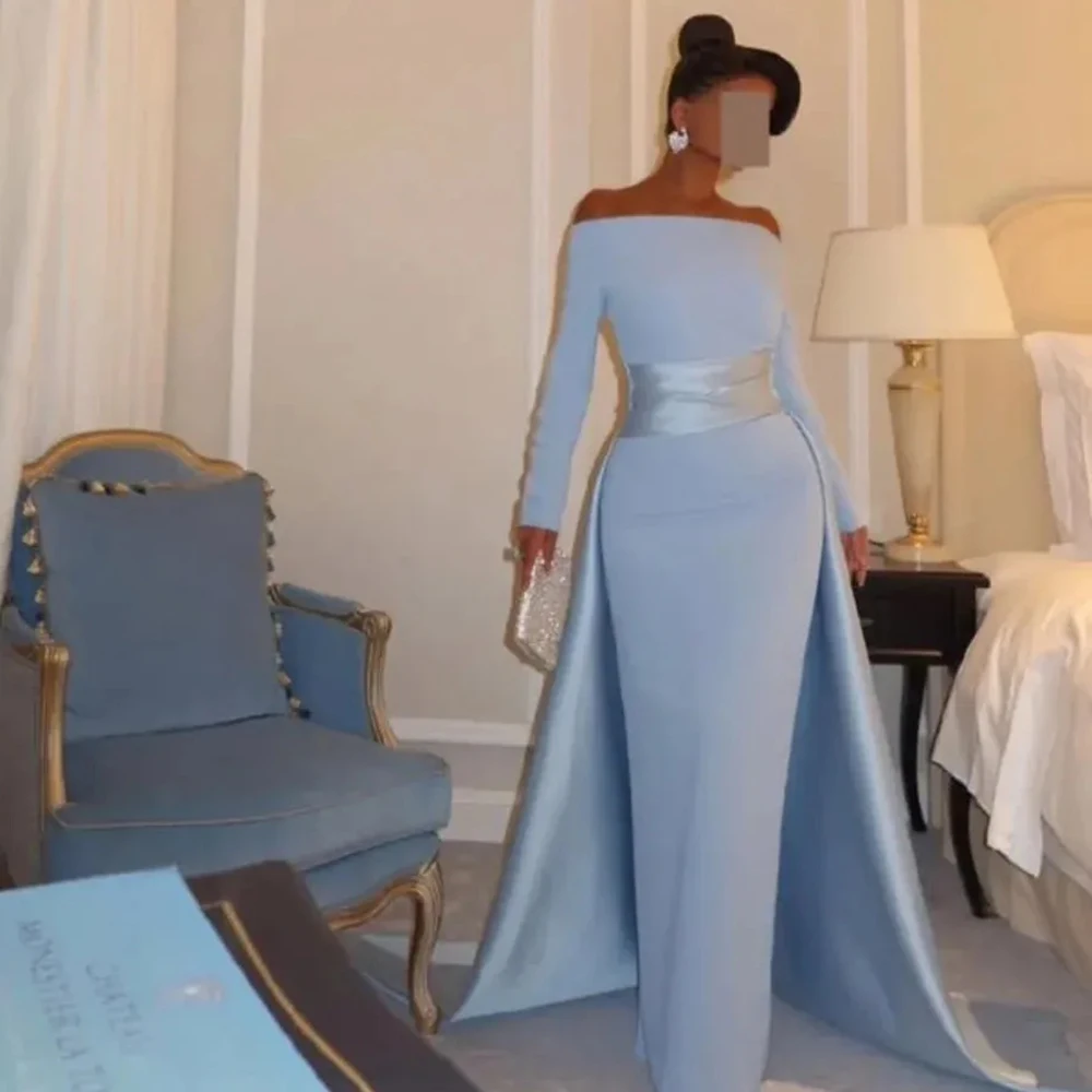 

RFYR Blue Prom Dress Long Sleeve Mermaid Evening Dress Crepe Party Dress Elegant Gala Dress for Arabic Women Customized