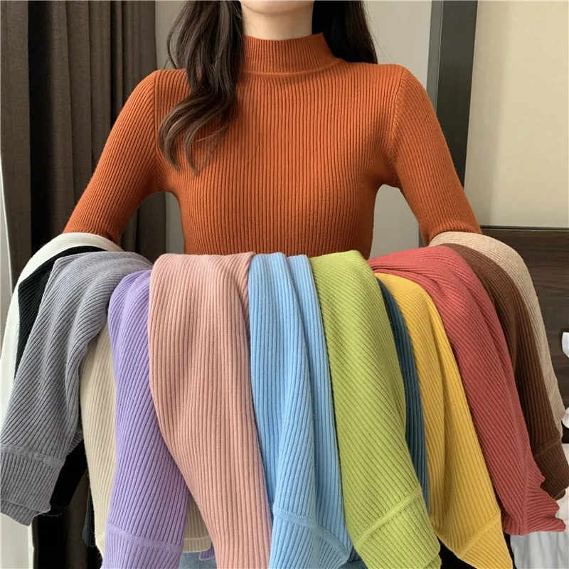 zjaiss 2024 Autumn Basic Bottoming Sweater Top Women Ribbed Soft Mock Neck Elastic Pullover Warm Solid Color Slim Jumper