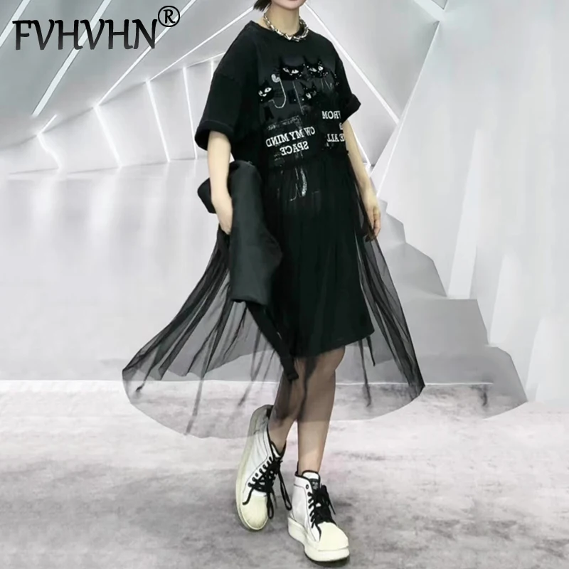 

FVHVHN 2025 летнее новое модное универсальное лоскутное кружевное свободное повседневное платье для женщин, платья с буквенным принтом, женские 1A144