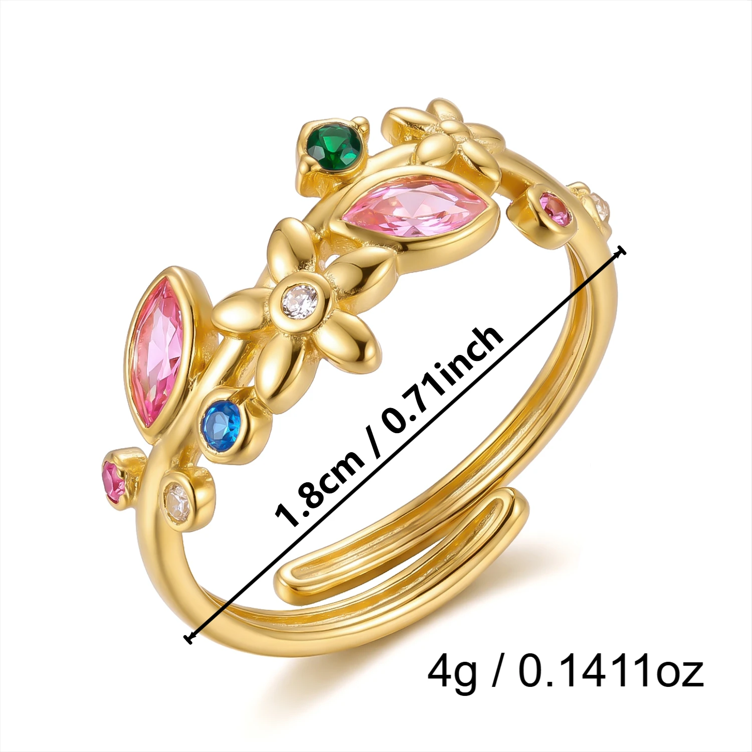 Bunte CZ-Blumen Geometrische Edelstahl-Offene Ringe für Frauen, Zierliche PVD-Vergoldete Manschettenringe Set, Wasserfester Schmuck Geschenk – Detail 11