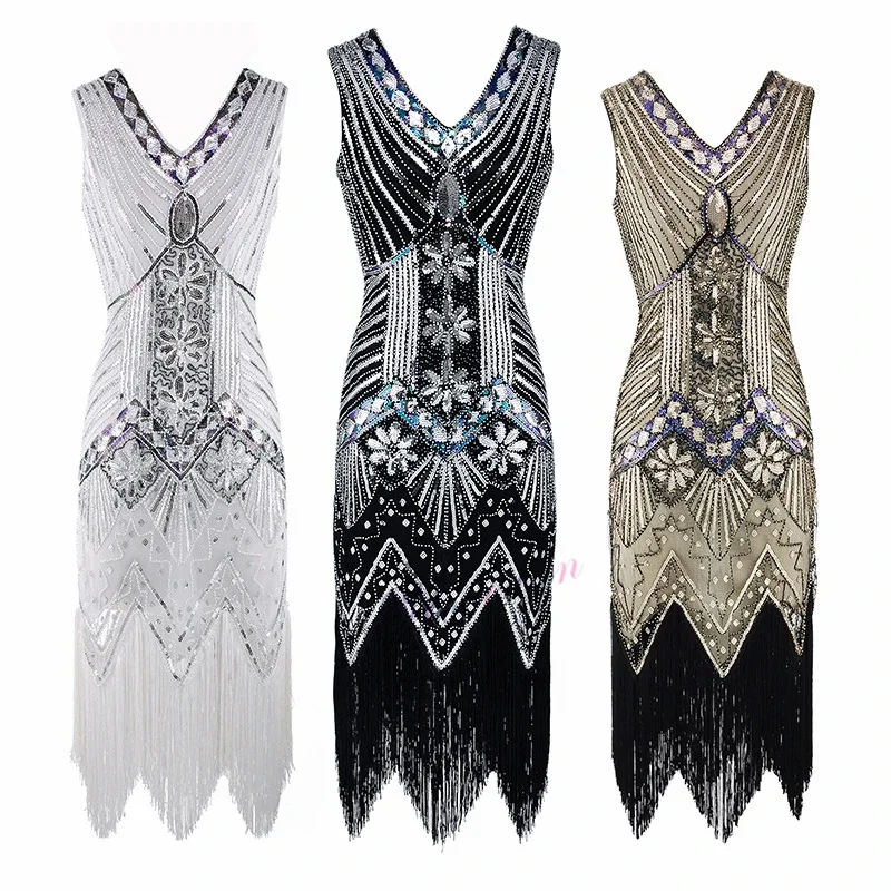 Donne 1920s Vintage Great Gatsby Dress paillettes con scollo a v nappa aderente con perline Party Flapper Dress Ballroom Tango abito da ballo latino