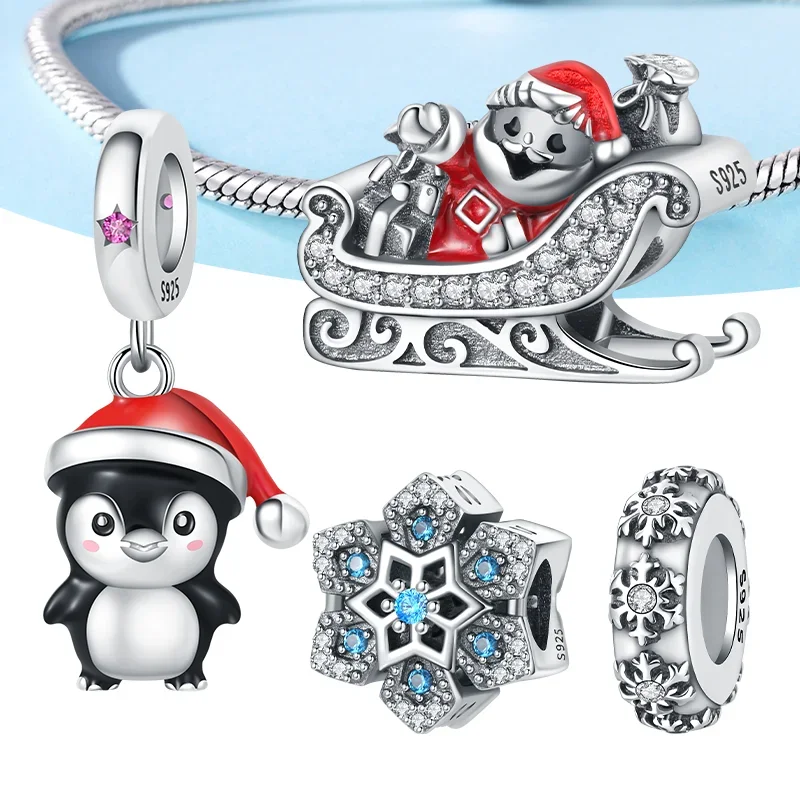 실버 산타클로스 썰매 비즈 크리스마스 펭귄 참, 여성용 오리지널 팔찌, DIY 주얼리, 고급 선물 액세서리, 925