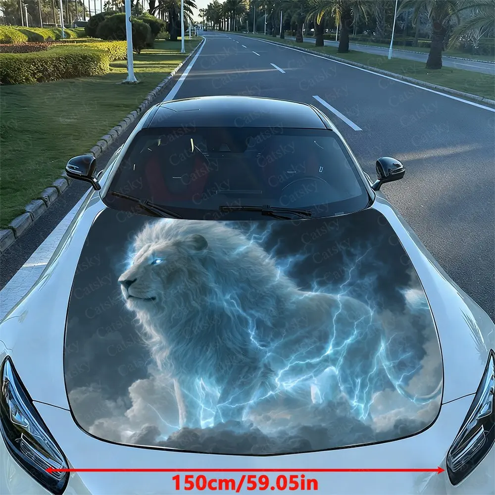 Angry Blue Thunder White Lion Car Hood Wrap - PVC Vinyl Sticker, Auto Graphic Bonnet Decal, Stylish Truck Accessory, Vehicle Dec
