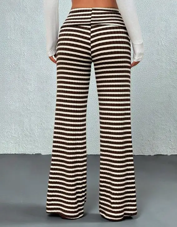 2025 الخريف سروال تقليدي مخطط مرونة سليم مستقيم الساق السراويل الملابس النسائية