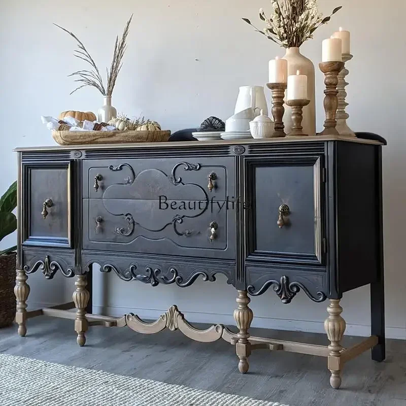 

3 French Retro Solid Wood Entryway Cabinet High-End Sideboard American Country Style Black Storage Cabinet