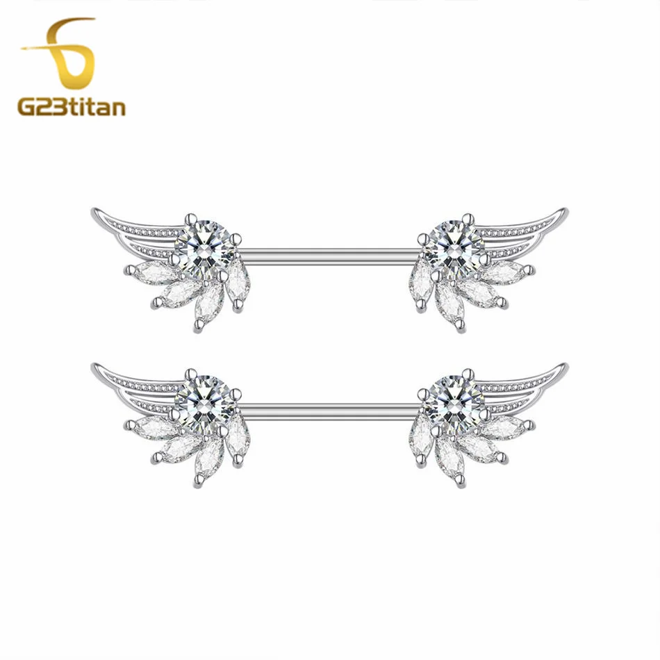 2pcs High Quality Zircon Angel Wings Nipple Rings Piercing Titanium Steel 14G Barbell Women Sexy Summer Nipple Jewelry Accessory