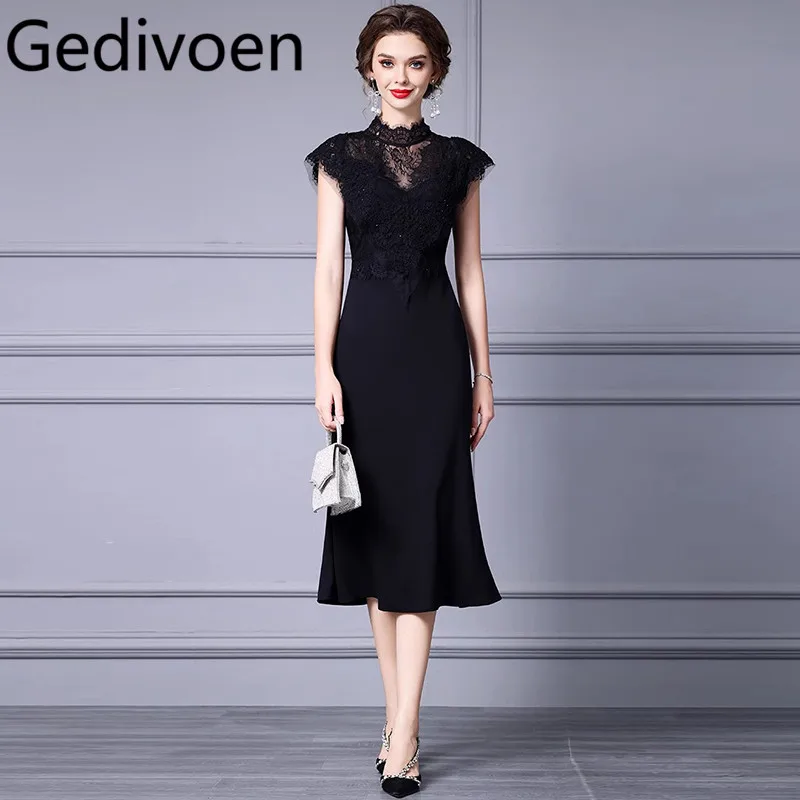 

Gedivoen Summer Fashion Runway Designer Dresses Women's Vintage Solid Color Embroidery Lace Net Yarn Nail Bead Mermaid Dresses