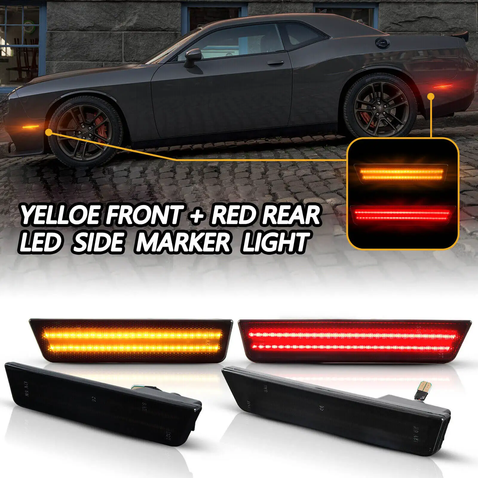 Smoked Lens LED Side Marker Lights Front Amber LED & Rear Red Lamp for Dodge Challenger 2008-2014 and Dodge Charger 2011-2014