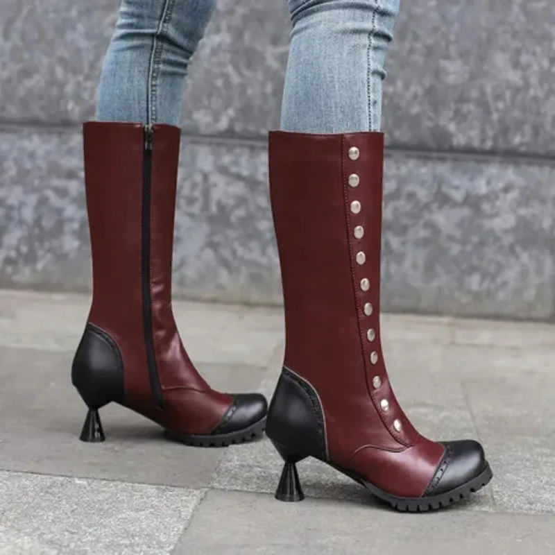 Fashion Women Knee Boots Rivet Zipper Boot 2025 New Riding Boots Female Autumn Winter Long Booties Mujer Size 34-43