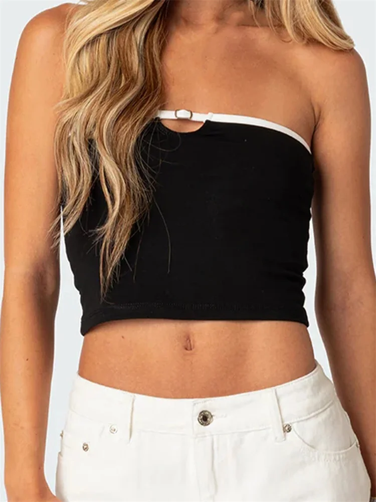 CHRONSTYLE Women Summer Slim Fit Tube Tops Contrast Trim Front Cutout Exposed Navel Crop Tanks Strapless Off Shoulder Mini Vest