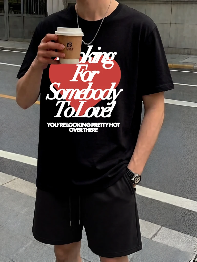 

Looking For Somebody To Love Prints O-Neck Streetwear Man Suits Basics Casual Summer Tees & Shorts Cotton Running Short Sleeve