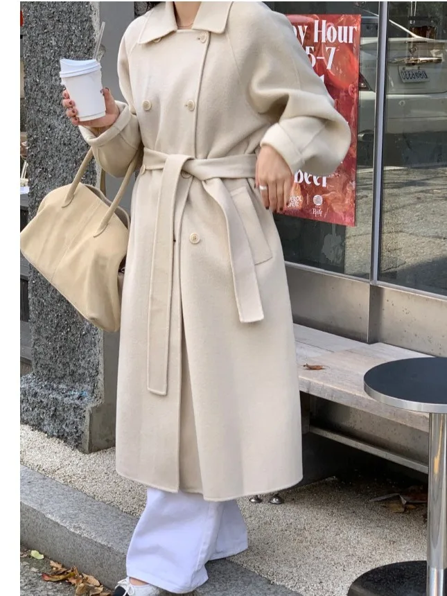 

Ele Vintage Long Double-Breasted Belted Woolen Coat for Women Winter Sli Commute Loose Fit oulder Insertion