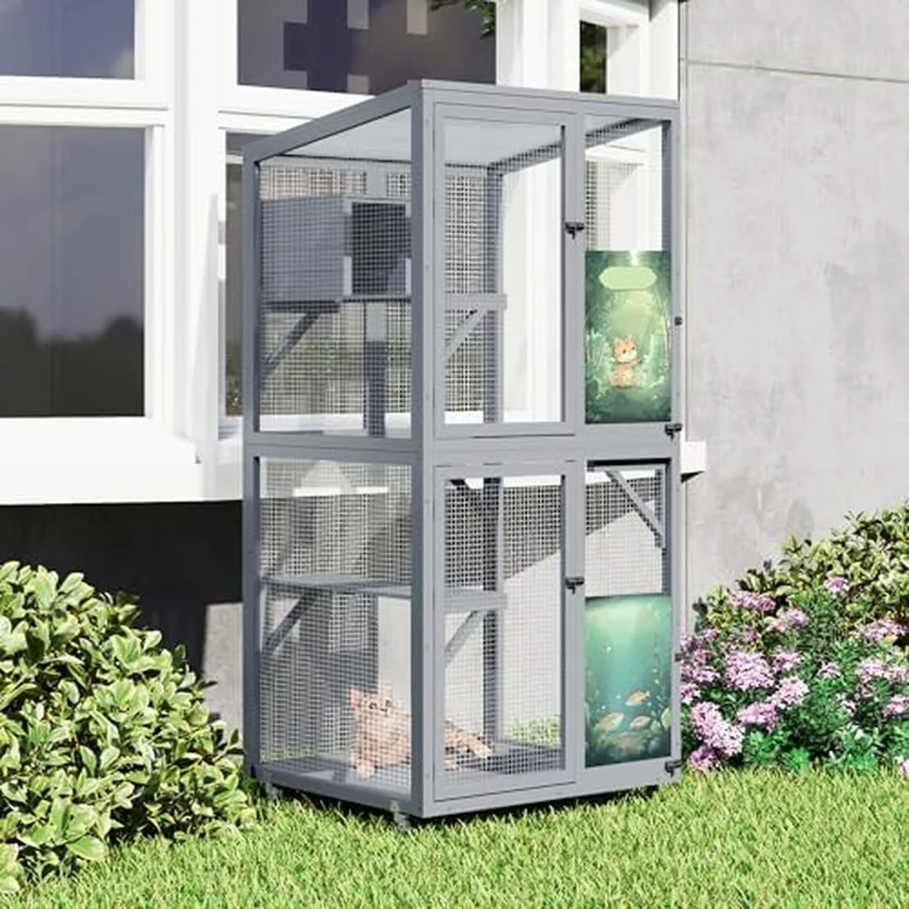 Large Catio Outdoor Cat Enclosure Window Access Outdoor Cat House with Wheels Cage for Cats Indoor (Grey Extra Large)