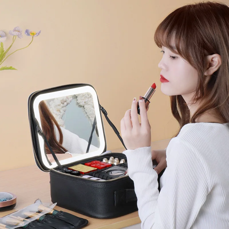 

F2 Smart LED Cosmetic Case Makeup Light with Mirror Bag Large Capacity Fashion Portable Storage Bag Travel Makeup Bags for Women