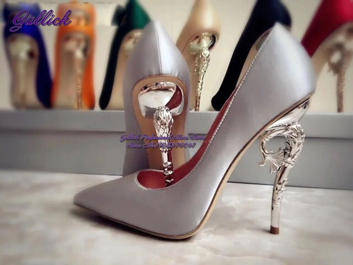 Gullick Golden Silver Hippocampus Metal Heel Pumps Orange Royal Blue Satin Cloth Pointed Toe Dress Shoes Sea Horse Stilettos