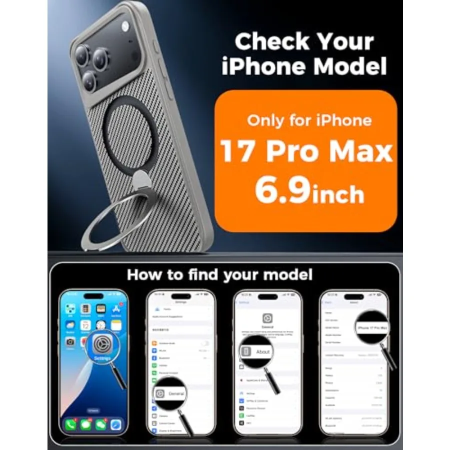 360 Magnetic Stand Carbon Fiber Case Designed for iPhone 17 Pro Max with Military-Grade 15FT Protection and Built-in Stand Ring