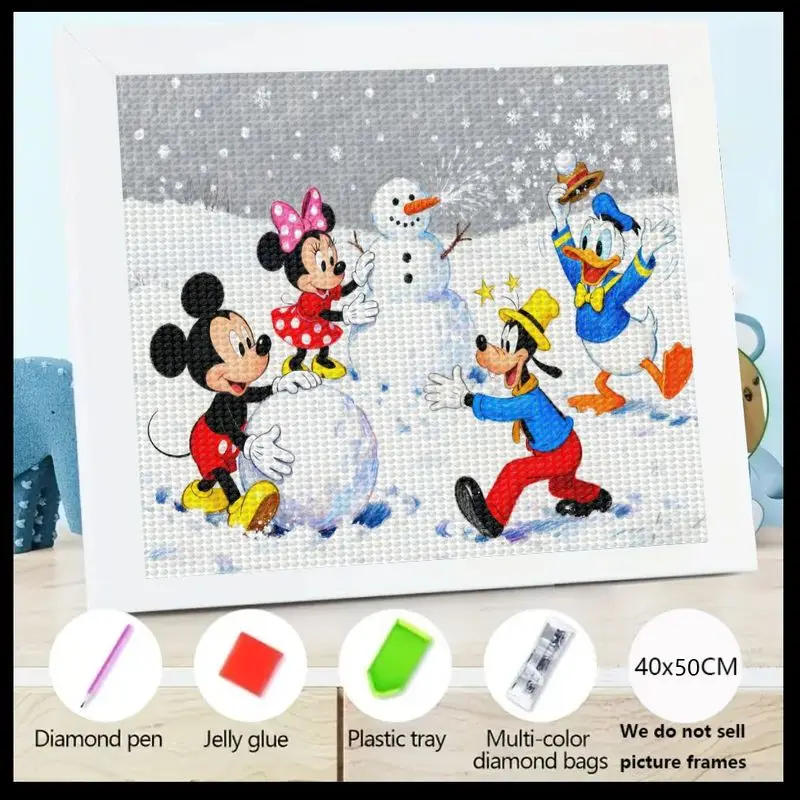

1PC Disney Friends 5D Full Drill Diamond Painting Kit, Mickey Minnie Donald Goofy Snowman Winter Scene Art Set, DIY Crystal Rhin