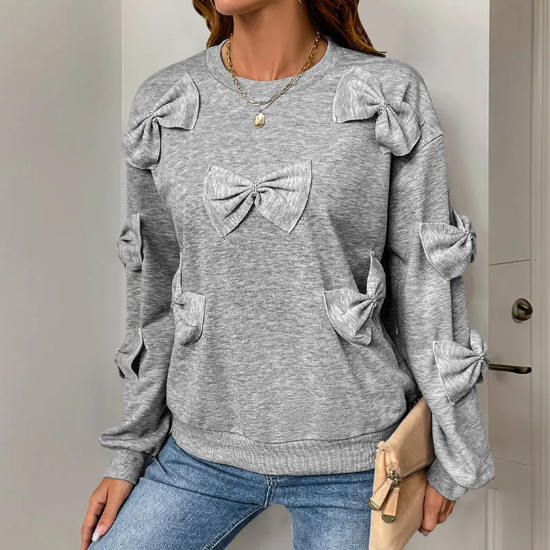 

Spring and Autumn women's clothing: Round-neck top, casual and individual, solid color hoodie with bow tie patchwork, sportswear