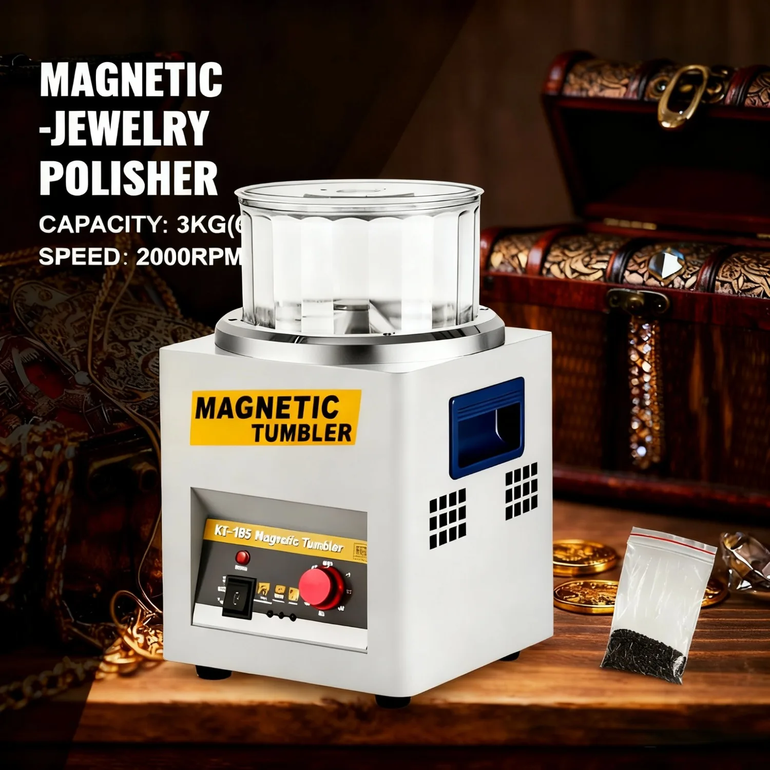 

KT-185 Магнитный стакан для полировки ювелирных изделий: регулируемая скорость 2000 об/мин, с магнитными булавками 200 г, прецизионный финишер 110 В/220 В