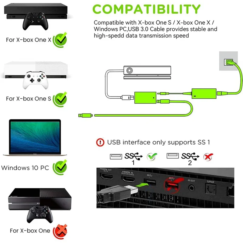 Kinect Converter Adapter for Xbox One X/ Xbox One S/ Window 10 PC Kinect 2.0 Sensor Power Supply AC Adapter Replacement Kit