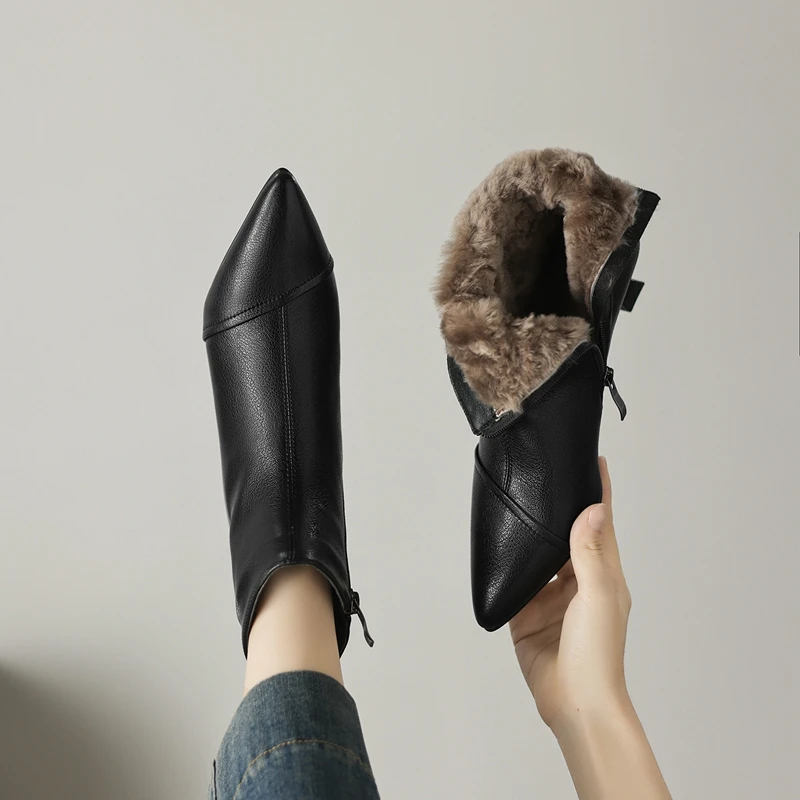 Women's new winter leather sheepskin warm lamb wool pointed heel and calf side zipper retro Chelsea short boots fashion boots