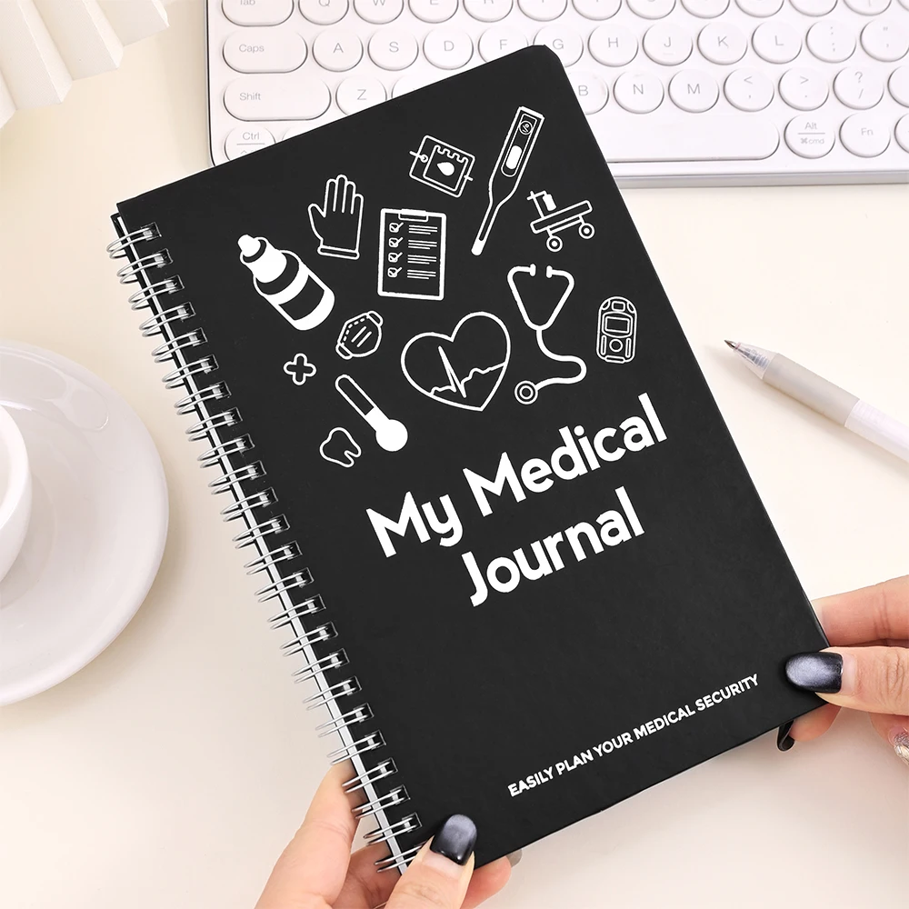57 sheets Hardcover My Medical Journal Spiral-Bound Notebook with Stethoscope EKG Line Illustrations for Family Medical History