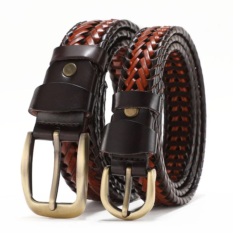 

Braided Women's Belts Retro Men's Cow Leather Waistband Copper Pin Buckle Non-Perforated Fashion Designer Belt Wholesale