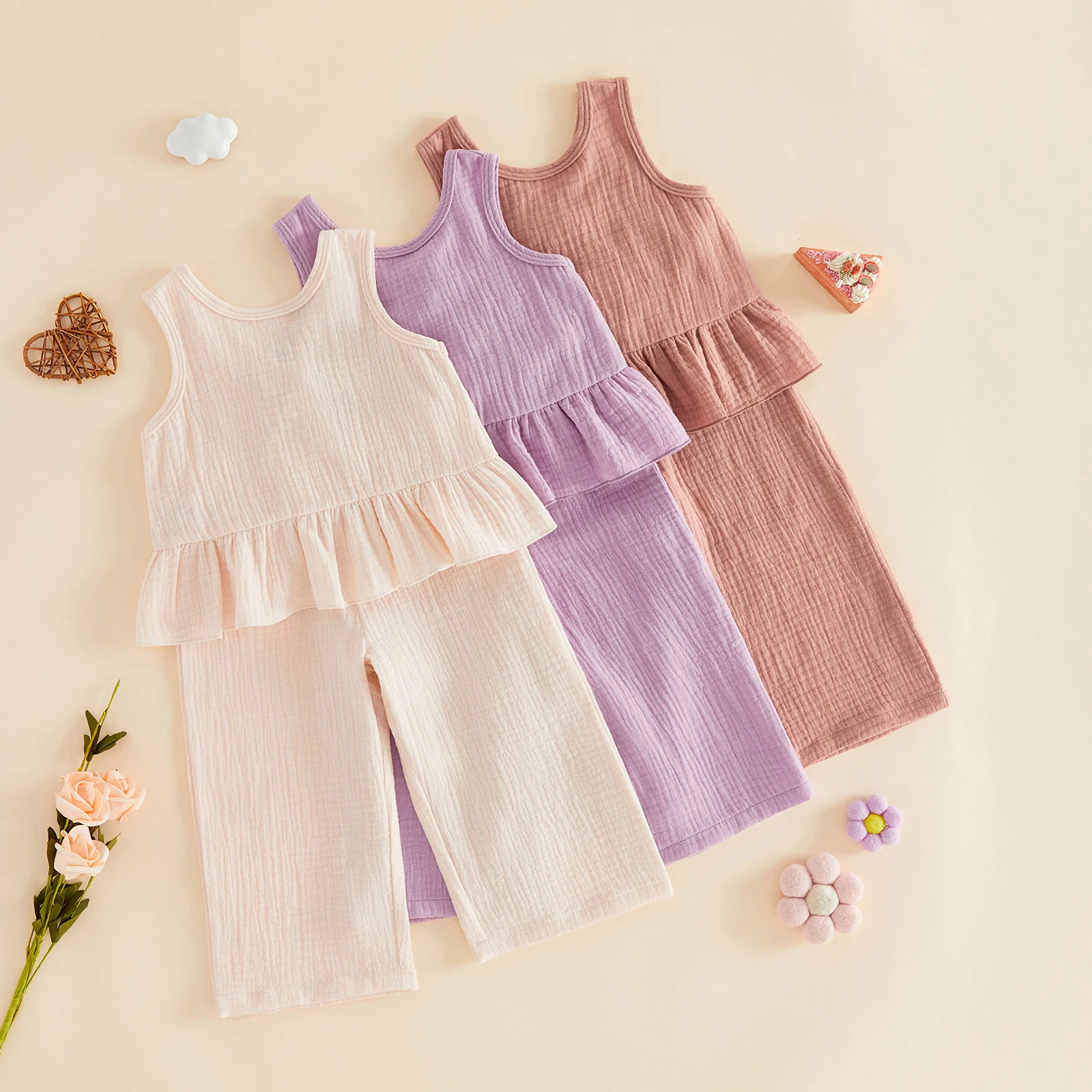 2Pcs Toddler Girl Summer Outfits Sleeveless Solid Color Ruffle Hem Tank Tops Pants Set Baby Clothes Set