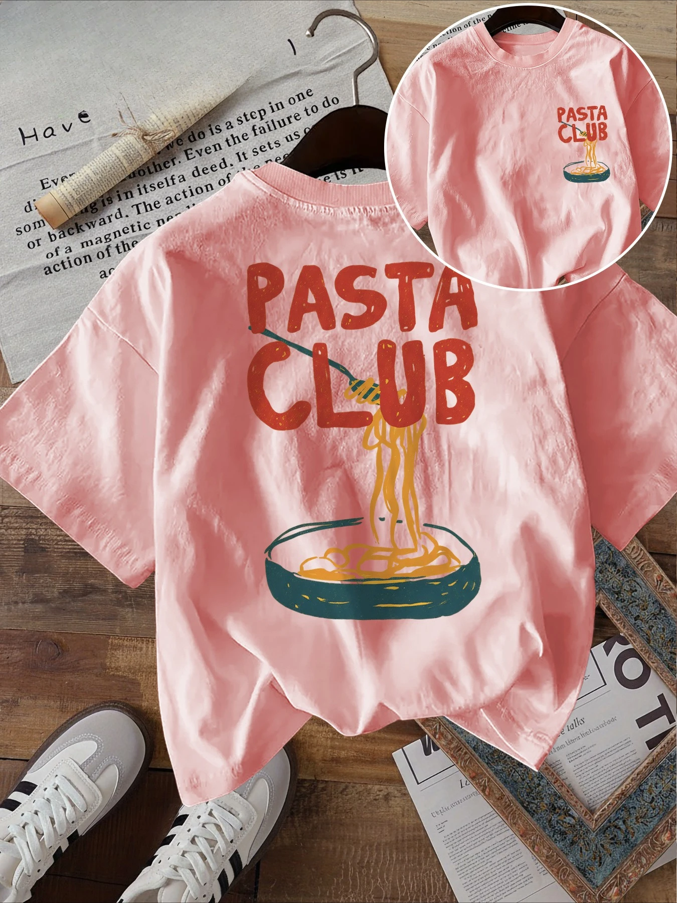 Double-sided Print Summer Women's Casual Top Hand-painted Style Pasta and Fork PASTA CLUB Print Round Neck Pure Short-sleeved