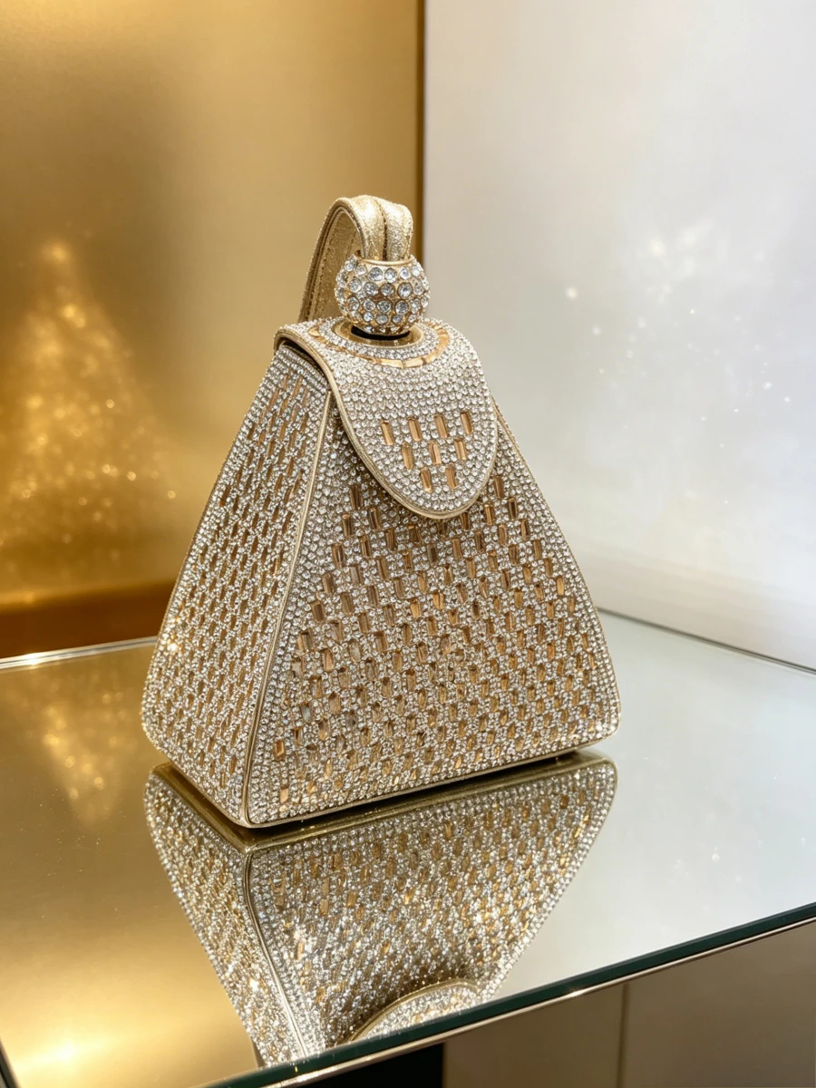 2026 Pyramid Shape Gold Silver Grid Full Rhinestone Flip Frame Mini Clutch Women Fashion Evening Bag For Runway Wedding Banquet